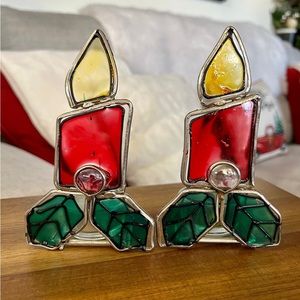 VINTAGE STAINED GLASS CHRISTMAS CANDLE HOLDERS